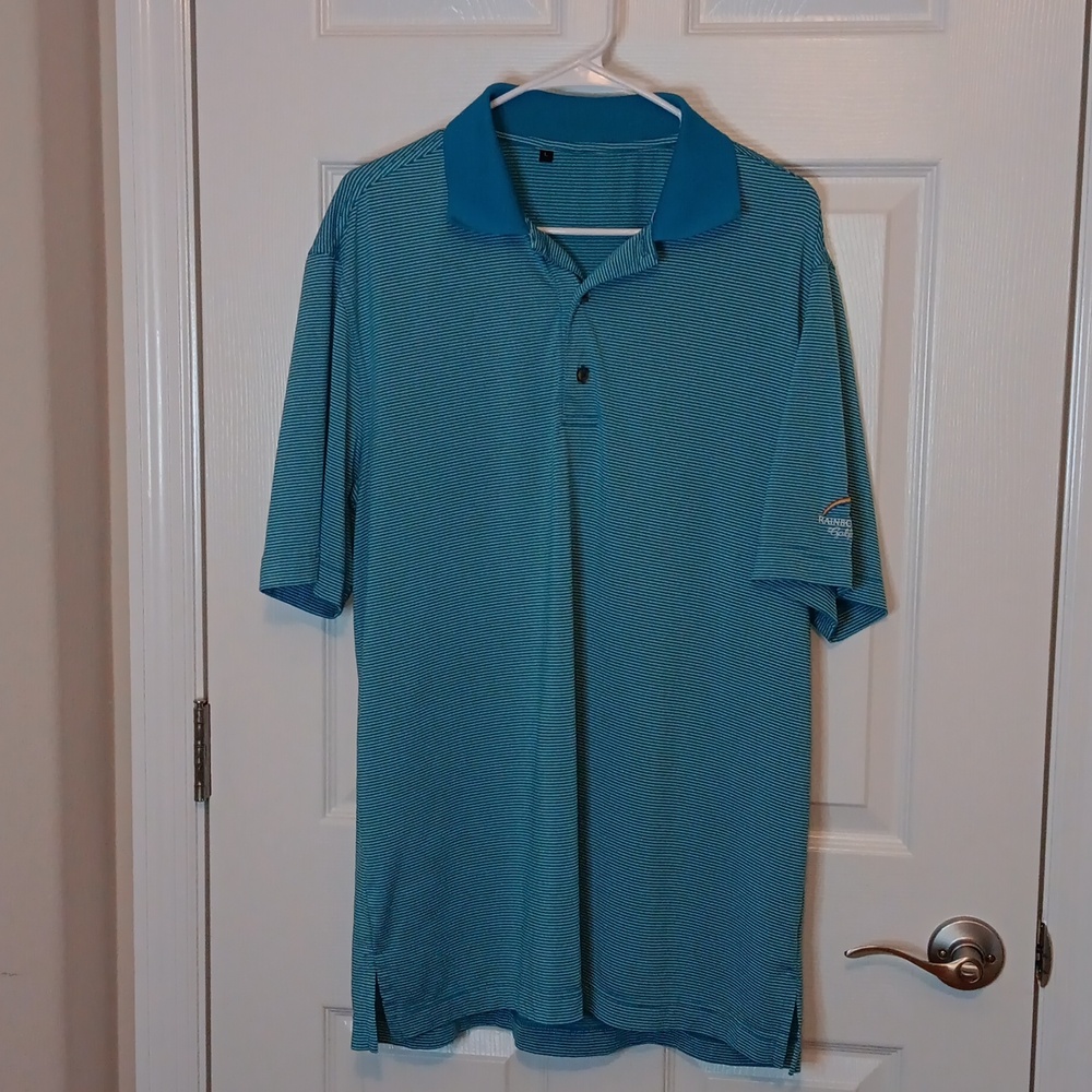 Men's L Golf Shirt Rainbows End Golf Club Turquoise Blue Striped